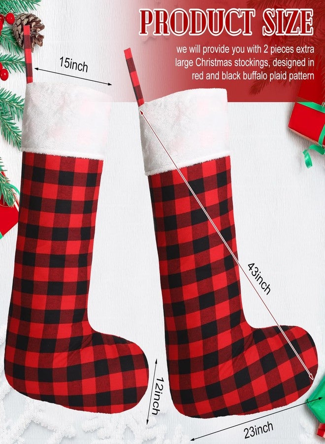 Seematn 2 Pcs 43 Inches Jumbo Christmas Stockings Extra Large Big Giant Buffalo Plaid Stockings Black Red Oversized Xmas Stocking Huge Stocking for Family Christmas Party Holiday Decor(White Plush) - Image 2
