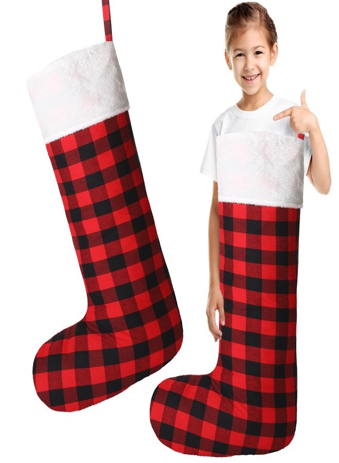 Seematn 2 Pcs 43 Inches Jumbo Christmas Stockings Extra Large Big Giant Buffalo Plaid Stockings Black Red Oversized Xmas Stocking Huge Stocking for Family Christmas Party Holiday Decor(White Plush) - Image 1