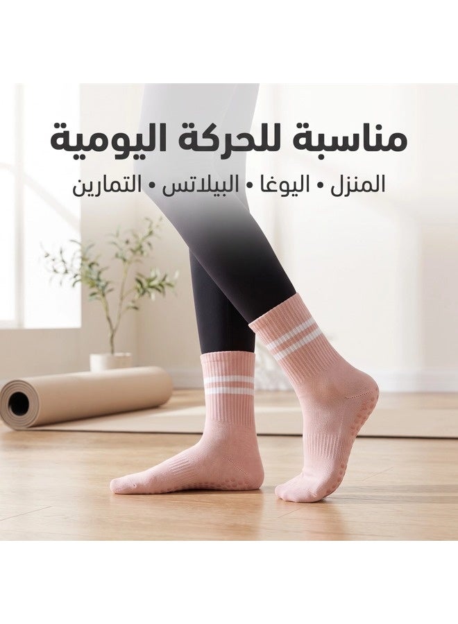 شيبشيب 3 أزواج من جوارب البيلاتس النسائية بقبضات سيليكون، جوارب يوغا متوسطة الطول مانعة للانزلاق، مزيج قطني - Image 4