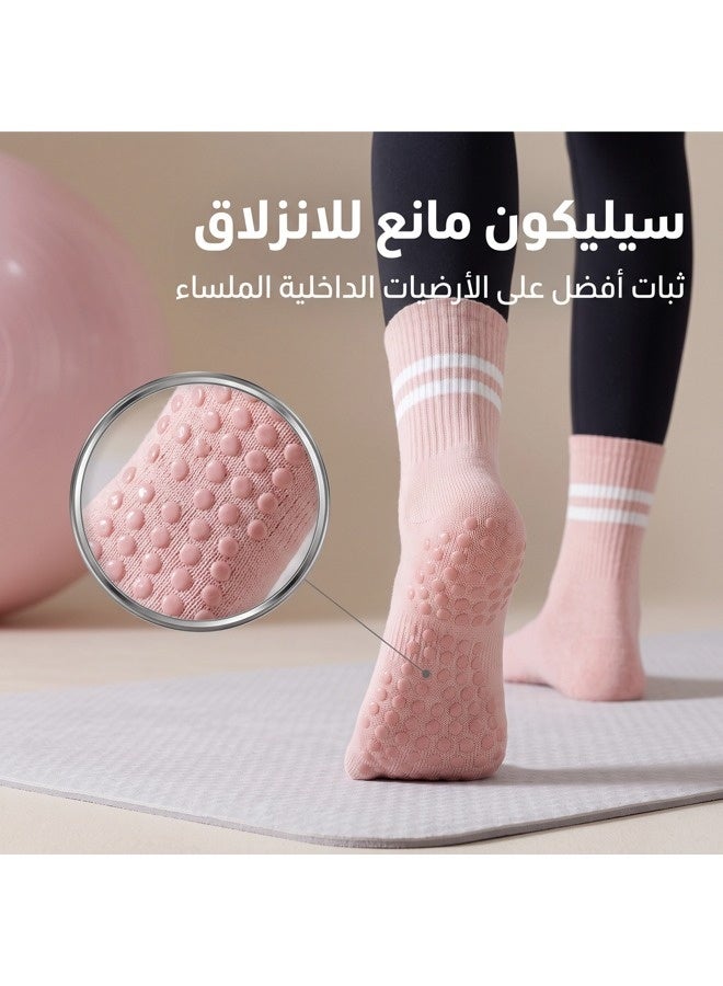 شيبشيب 3 أزواج من جوارب البيلاتس النسائية بقبضات سيليكون، جوارب يوغا متوسطة الطول مانعة للانزلاق، مزيج قطني - Image 2