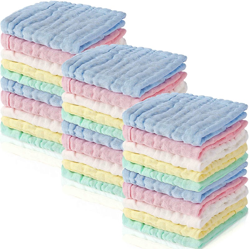 Chumia Chumia 30 Pcs Baby Muslin Washcloths Muslin Burp Cloths Baby Towel Natural Cotton Burp Cloths Wipes Soft Newborn Face Towel Absorbent for Face Bath Shower 12 x 12Blue White Green Yellow Pink
