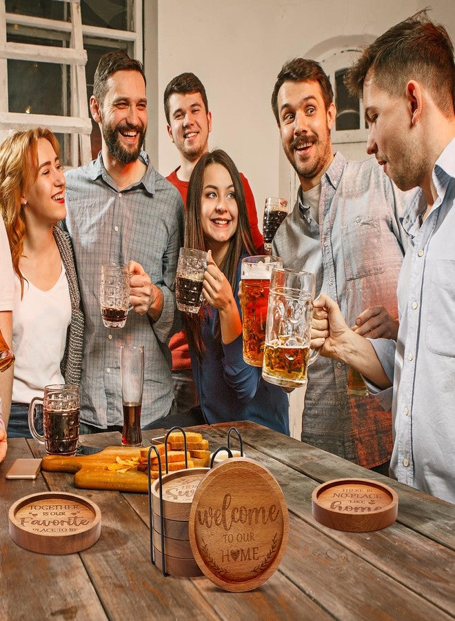 Renawe Best House Warming Gifts Acacia Wooden Coasters for Drinks Coffee Table Coaster Set of 6 Pack Farmhouse Decorations Family New Home Housewarming Decor Cute Cup Wood Coasters with Holder - Image 3