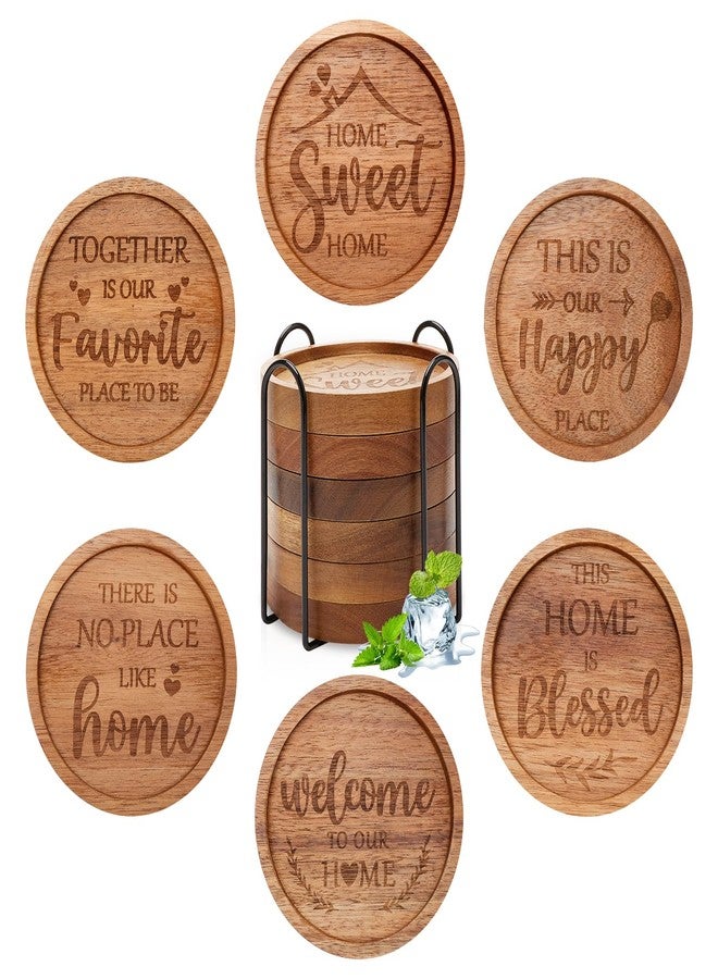 Renawe Best House Warming Gifts Acacia Wooden Coasters for Drinks Coffee Table Coaster Set of 6 Pack Farmhouse Decorations Family New Home Housewarming Decor Cute Cup Wood Coasters with Holder - Image 1
