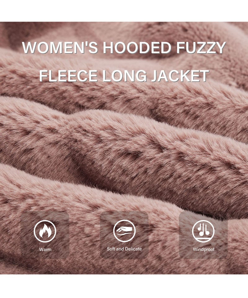RISISSIDA Women Long Faux Fur Coat Fuzzy Jacket with Hood Fleece Winter Fall Thermal Shearling Warm Fluffy Furry Overcoat Pink 120757 L - Image 4
