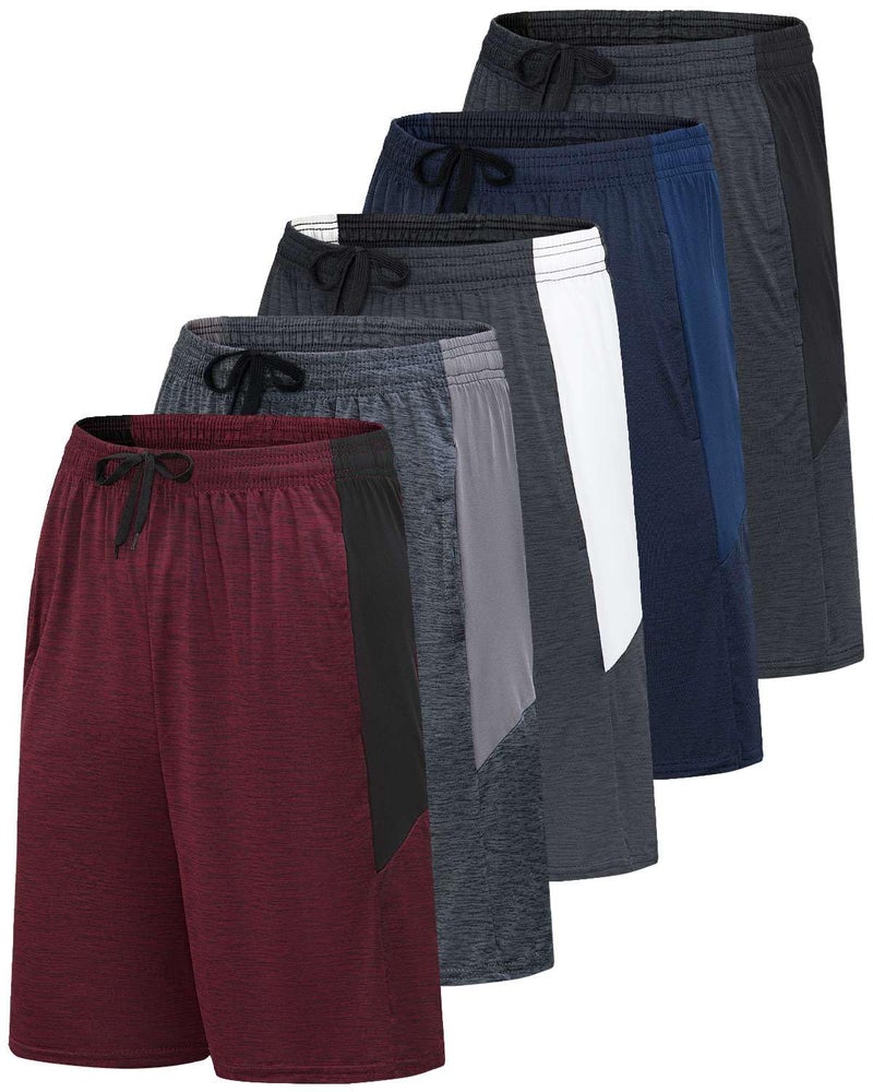Real Essentials Mens 5 Pack 9 DryFit Shorts Athletic Gym Workout Basketball Running Casual Lounge Active Pockets Set 2 L