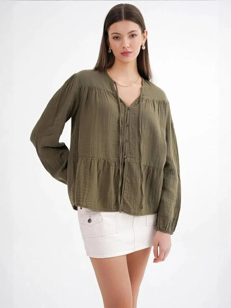 Mixray Long Sleeve Relaxed Fit Blouse with Tie-Neck