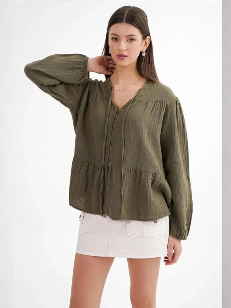 MixRay Khaki Green Mixray Long Sleeve Relaxed Fit Blouse with Tie-Neck for Women | Best Price UAE