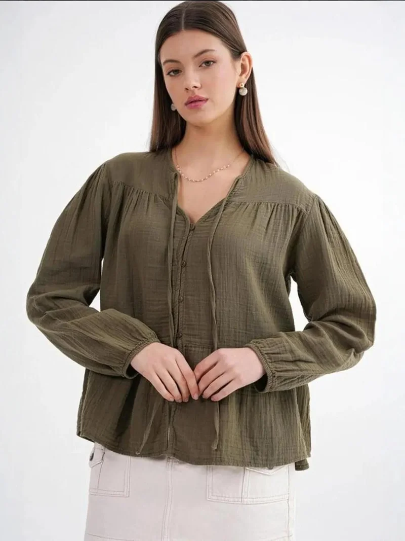 MixRay Khaki Green Mixray Long Sleeve Relaxed Fit Blouse with Tie-Neck for Women | Best Price UAE