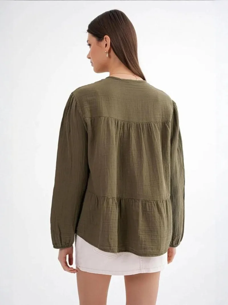MixRay Khaki Green Mixray Long Sleeve Relaxed Fit Blouse with Tie-Neck for Women | Best Price UAE