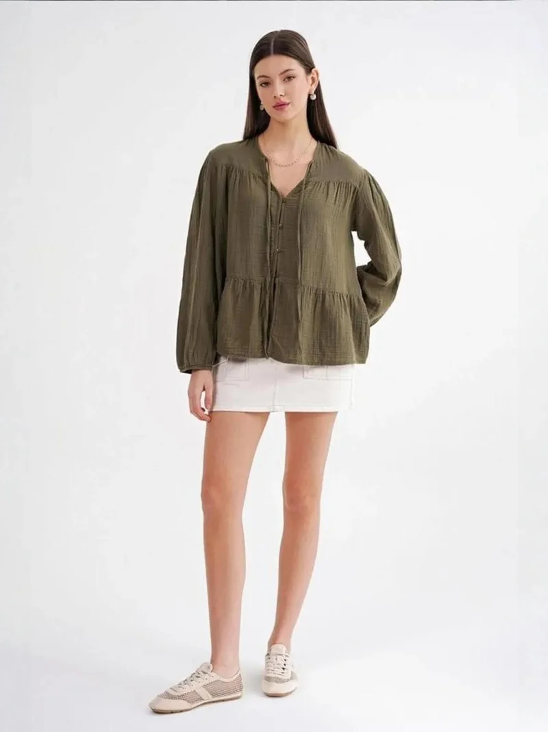 MixRay Khaki Green Mixray Long Sleeve Relaxed Fit Blouse with Tie-Neck for Women | Best Price UAE