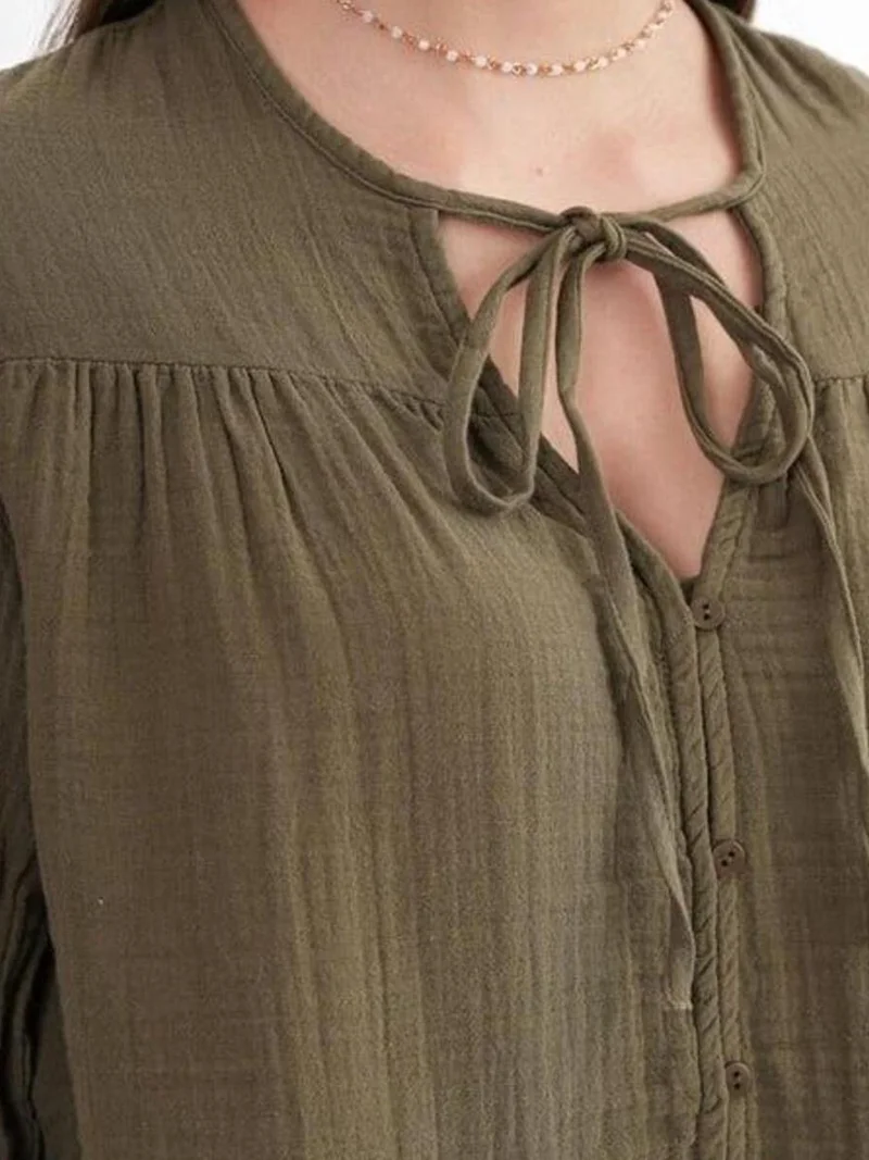 MixRay Khaki Green Mixray Long Sleeve Relaxed Fit Blouse with Tie-Neck for Women | Best Price UAE