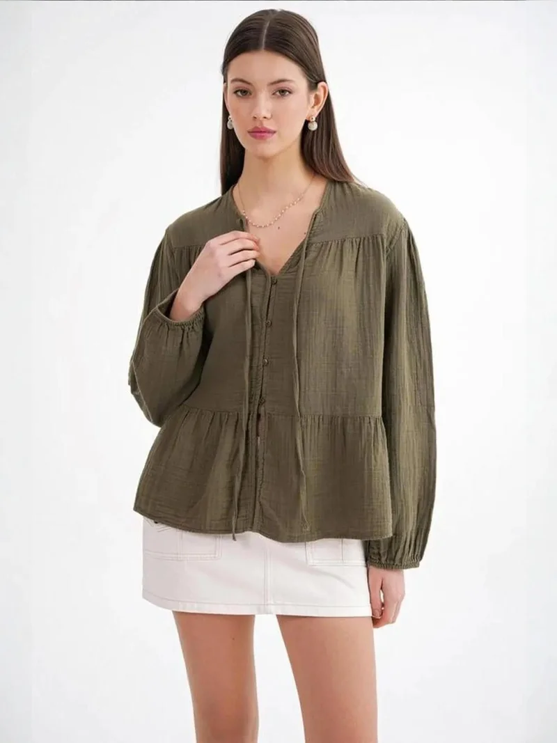 MixRay Khaki Green Mixray Long Sleeve Relaxed Fit Blouse with Tie-Neck for Women | Best Price UAE