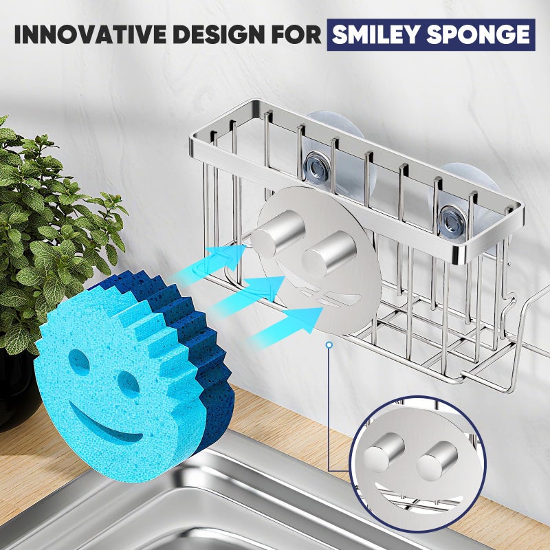 MURLONG Sponge Holder for Kitchen Sink,Sink Caddy Smiley Face,4-in-1 Sponge Holder with Suction Cups & 1 PCS Adhesive Strips for Holding Soap,Brush,Scrubber,Sponge,Stopper-Silver - Image 4