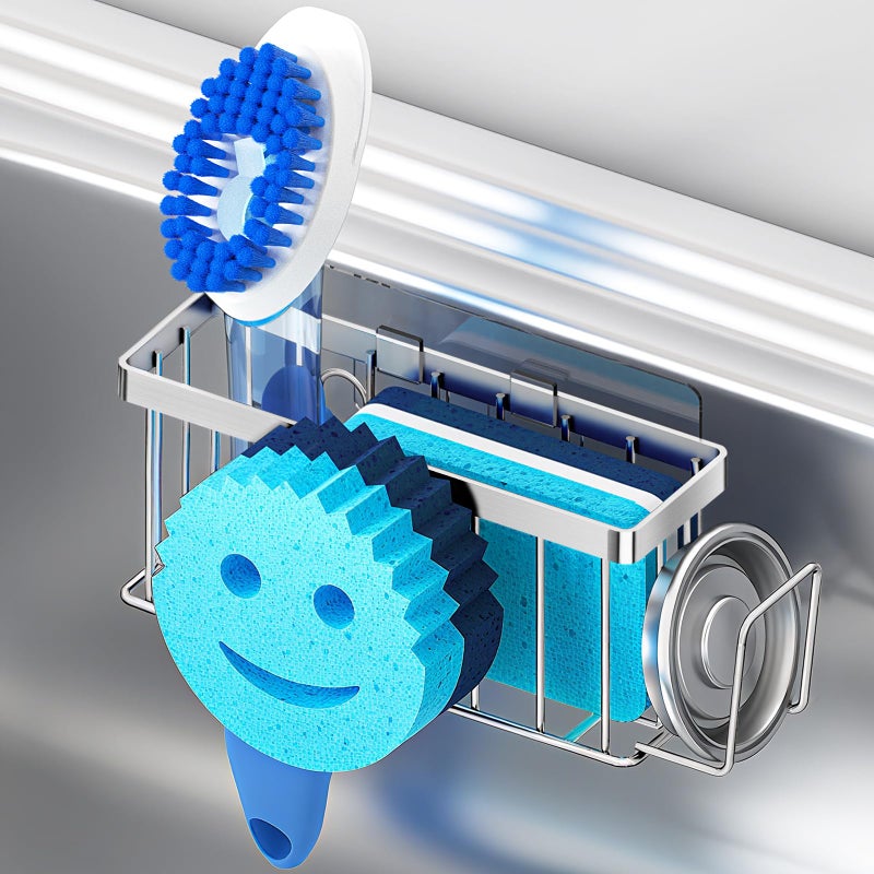 MURLONG Sponge Holder for Kitchen Sink,Sink Caddy Smiley Face,4-in-1 Sponge Holder with Suction Cups & 1 PCS Adhesive Strips for Holding Soap,Brush,Scrubber,Sponge,Stopper-Silver - Image 1