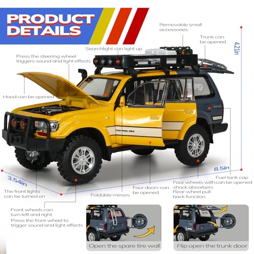FRJV Toy Cars for Boys Diecast Cars 1 24 Scale Compatible with Land Cruiser LC80 Car Model CollectiblePull Back Toy Car with Lights and SoundsToy Cars for Boys Age 47Yellow - Image 5