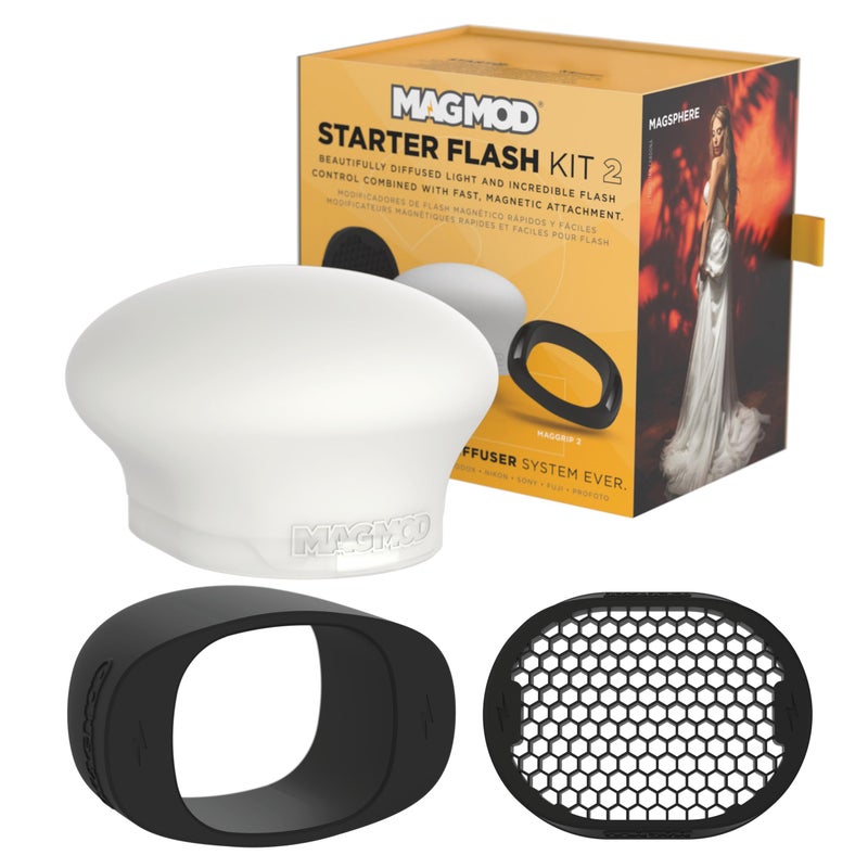 MagMod Starter Flash Diffuser Kit 2, Magnetic Flash Modifier Set for On- and Off-Camera Photography, Includes MagGrip 2, MagGrid 2 and MagSphere 2, Compatible with 99% of All Speedlites - Image 1