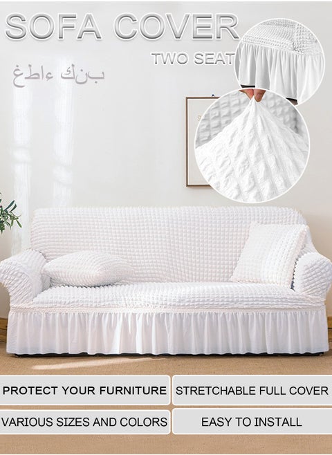 Sofa Cover One Piece Easy Fit Stretch Couch Cover with Skirt Durable Washable High Elastic Stretchable Universal Furniture Protector for Pets Kids (white, 2 Seats)