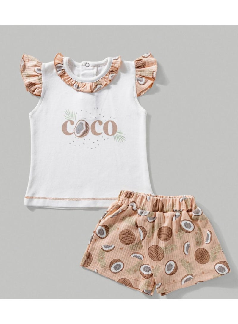 Full moon  Baby Girls Coco Print 2-Piece Outfit, Cotton, Casual Style, Ruffle Top and Shorts Set code 19303