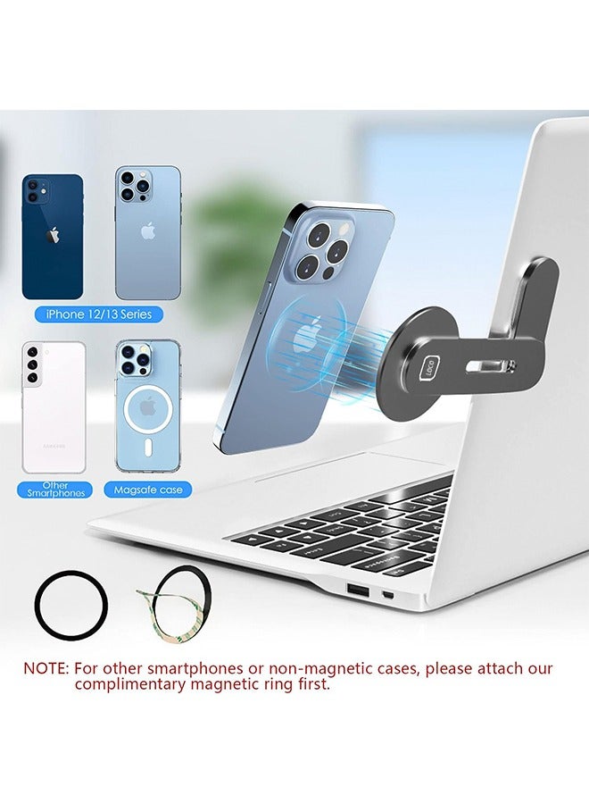 Magnetic Laptop Phone Holder Car Holder Adjustable Computer Monitor Side Mount Clip Compatible with iPhone 14/13 / 12 Series & MagSafe Case & All Phones Portable Foldable Computer Bracket Black - Image 3