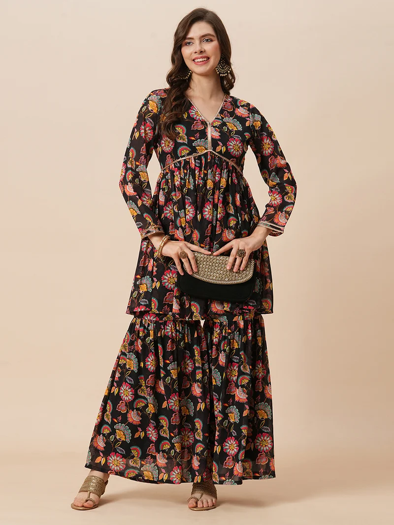 globus Women V-Neck Floral Print Georgette A-Line Alia Cut Tunic & Gharara Fusion Co-Ord Set