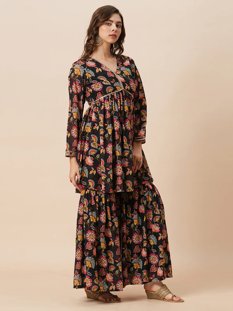 globus Women V-Neck Floral Print Georgette A-Line Alia Cut Tunic & Gharara Fusion Co-Ord Set