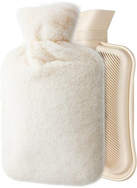 Hot Water Bottle with Soft Fleece Cover, 2L Hot Water Bag for Cold & Hot Therapy, Pain Relief, Back, Neck, Period Cramps (Beige)