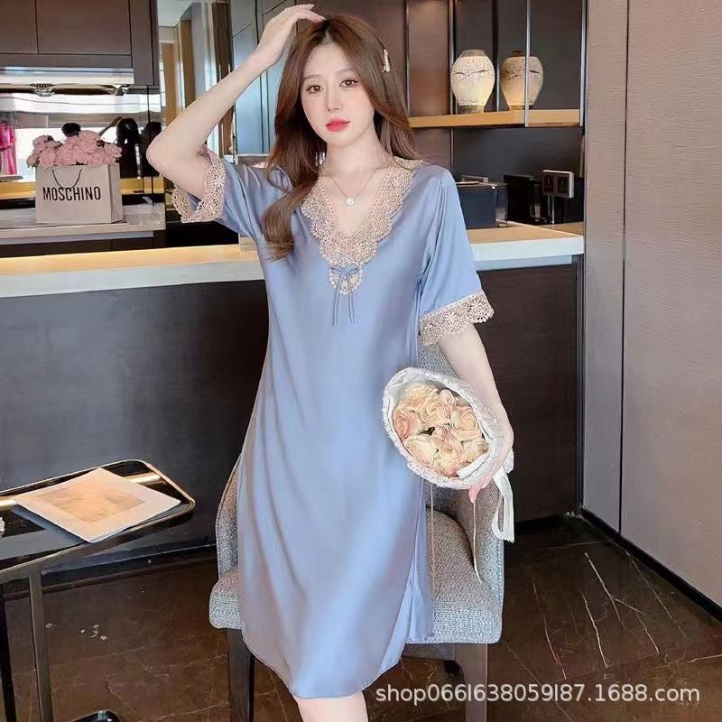 Pajamas Women'S Summer Thin Ice Silk Lace Short Sleeve Korean Style Soft Silk Loose Plus Size Nightdress Home Wear - Image 3