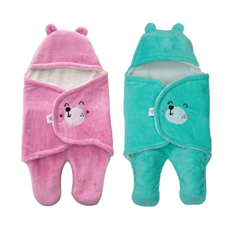 MYLO Mylo Baby UltraSoft Cute Baby Pack of 2 Swaddling Wrapper All Season Ac BlanketMultipurpose Hoodie Teddy Bear06 Months Light PinkMint Green
