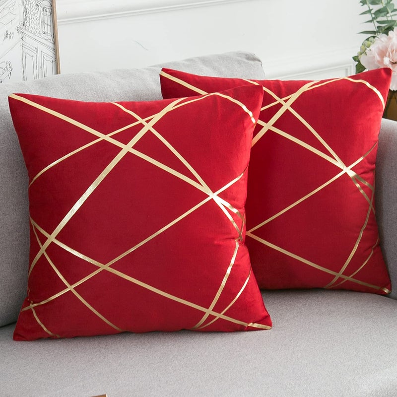 2 Pack Velvet Cushion Covers 40 x 40 CM Gilded Throw Pillow Covers Decorative Velvet Sofa Cushions Gold Lines Geometry Red Square Decorative Soft Spring Summer Home for Sofa Living Room