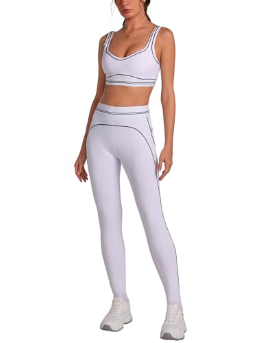 ABOCIW Workout Sets for Women Scoop Neck Contouring Contrast Stitching Sports Bra High Waist Leggings 2 Piece Gym Sets Athletic Yoga Pilates Outfits White Small - Image 1