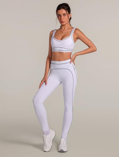 ABOCIW Workout Sets for Women Scoop Neck Contouring Contrast Stitching Sports Bra High Waist Leggings 2 Piece Gym Sets Athletic Yoga Pilates Outfits White Small - Image 3