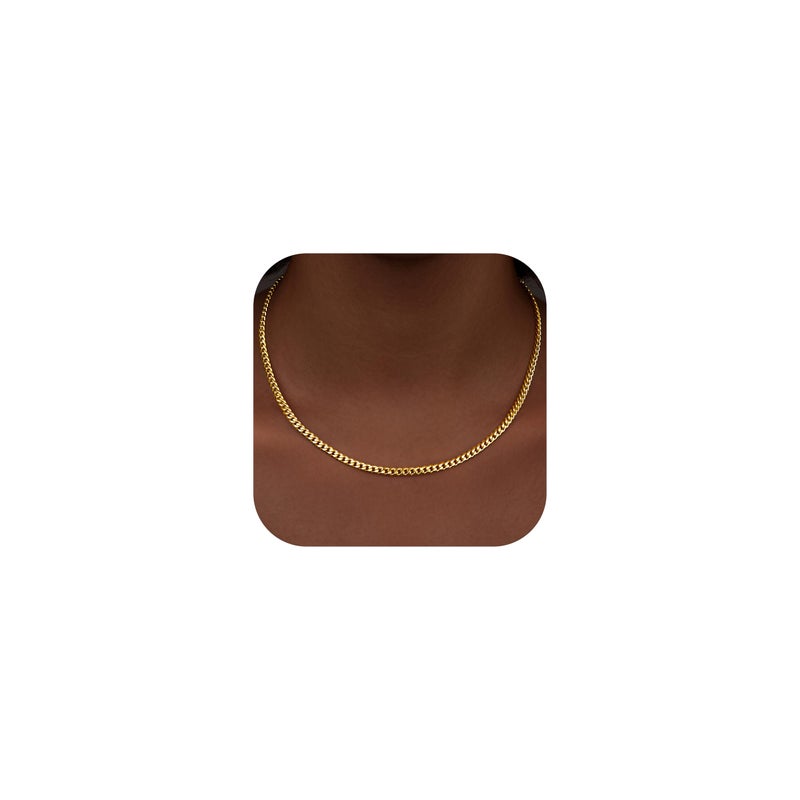 WomenGifts 3.5mm Thin Cuban Link Chain Necklace for Women, 16 Inch Dainty Gold Choker, Trendy Simple 14K Gold Plated Stainless Steel, Non Tarnish Everyday Layering Fashion Jewelry, Gift for Her - Image 1