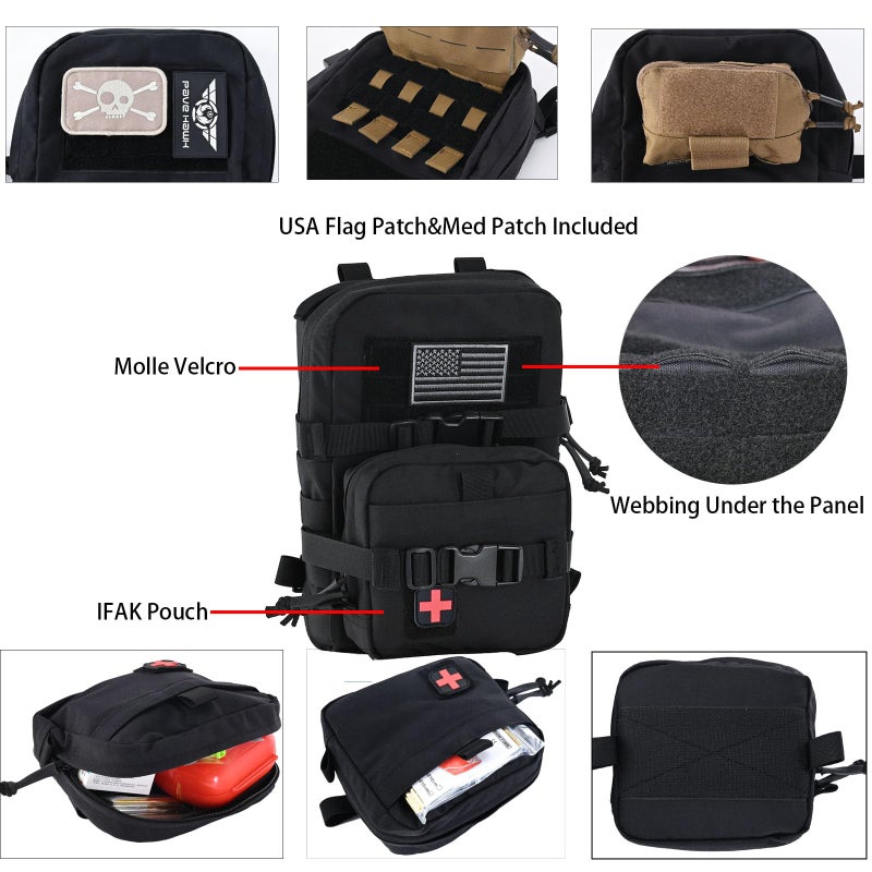tactifans Tactical Mini Molle Hydration Pack,Molle Hydration Carrier with IFAK Pouch&US Flag&Med Patch,Hydropack for 2L Water Bladder (Black) - Image 3