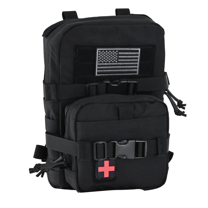 tactifans Tactical Mini Molle Hydration Pack,Molle Hydration Carrier with IFAK Pouch&US Flag&Med Patch,Hydropack for 2L Water Bladder (Black) - Image 1