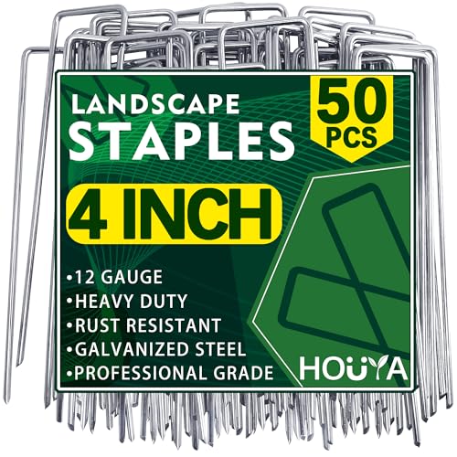 HOUYA 50 Pack Landscape Staples 4 Inch 12 Gauge Garden Stakes Galvanized Garden Staples Pins Anti-Rust Ground Stakes for Weed Barrier, Irrigation Tubing, Yard Lawn, Landscape Fabric - Image 1