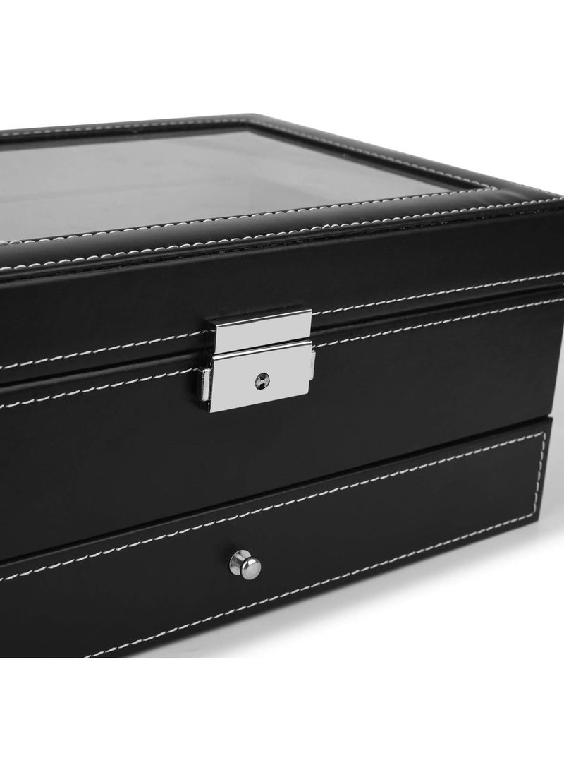 BLOOMING TIME Black Double Layer Jewelry Storage Case with Watch Drawer - Image 4