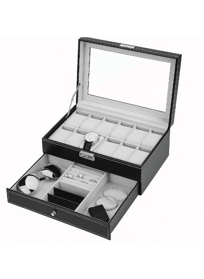 BLOOMING TIME Black Double Layer Jewelry Storage Case with Watch Drawer - Image 2