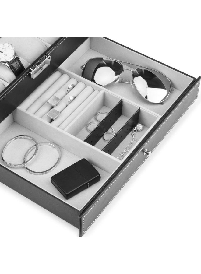 BLOOMING TIME Black Double Layer Jewelry Storage Case with Watch Drawer - Image 3