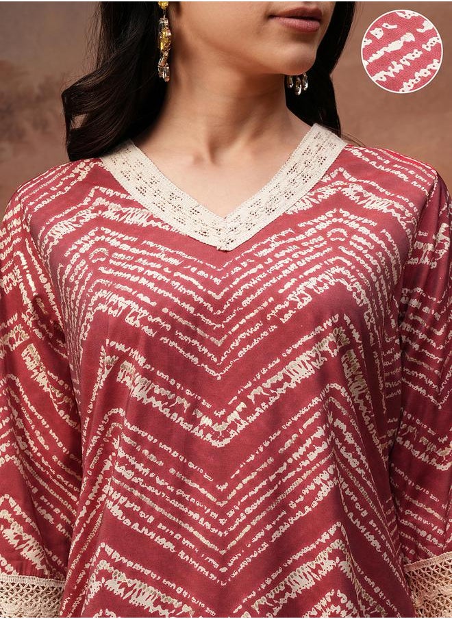 Vishudh Printed V-Neck Lace Trims Tunic with Trousers Co-Ords by Styli  - Image 5