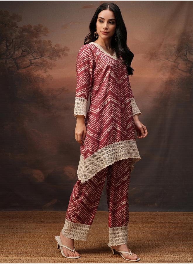 Vishudh Printed V-Neck Lace Trims Tunic with Trousers Co-Ords by Styli  - Image 4
