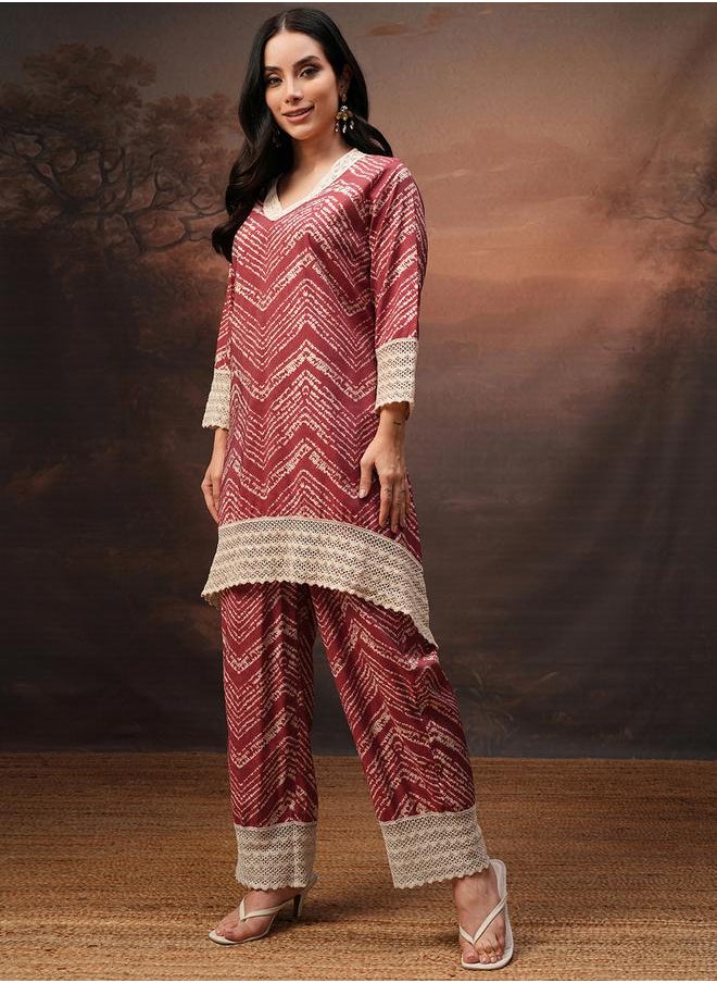 Vishudh Printed V-Neck Lace Trims Tunic with Trousers Co-Ords by Styli  - Image 2