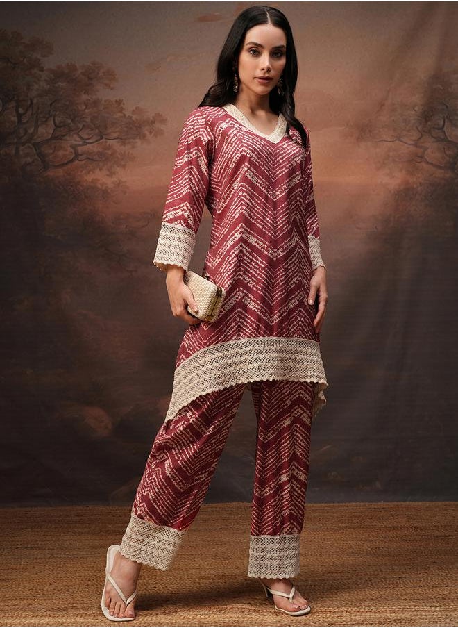 Vishudh Printed V-Neck Lace Trims Tunic with Trousers Co-Ords by Styli  - Image 1