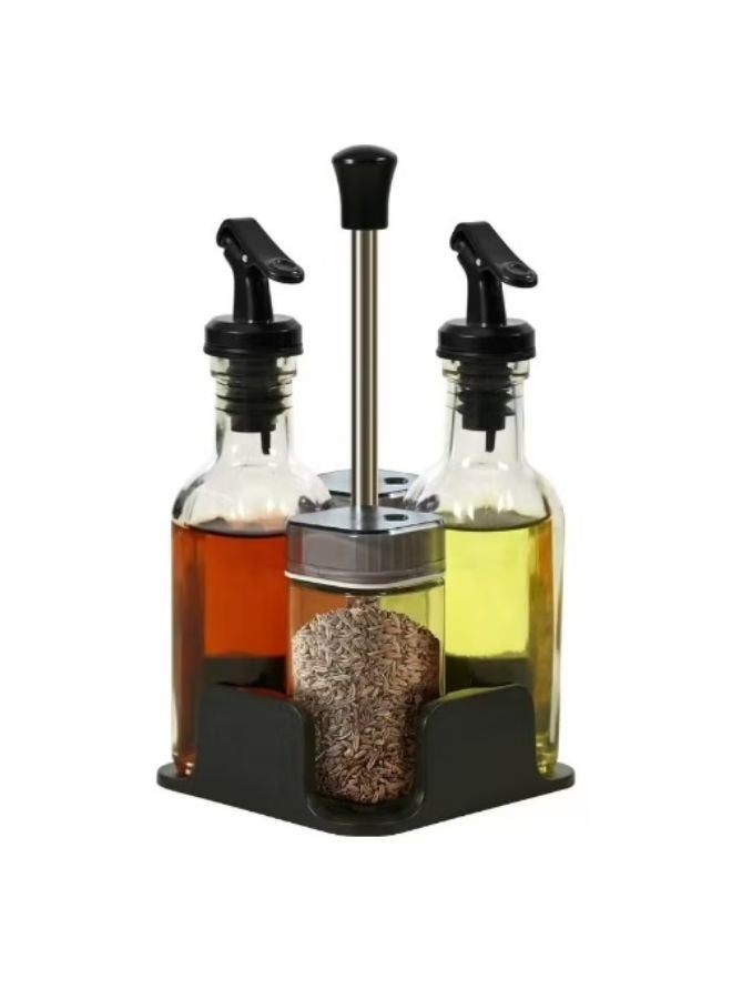 2 piece spice jar and 2 seasoning glass bottle storage rack set plastic lid transparent black - Image 1