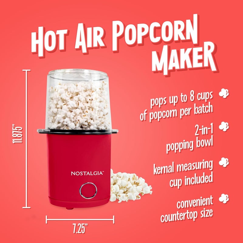 Nostalgia 8-Cup Hot Air Popcorn Maker & Bowl - 2-In-1 Bowl & Lid, 2 oz Measuring Cup - Oil-Free Pop Corn for Movie Night, Snacks, Birthday Parties, and More - Red - Image 2
