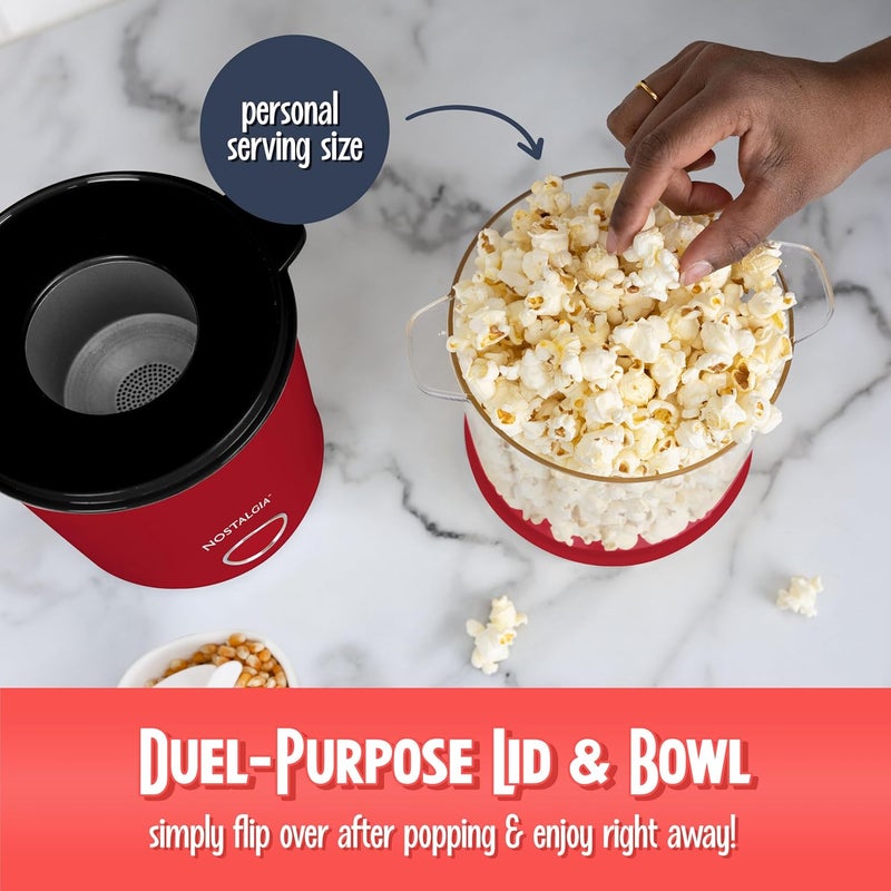 Nostalgia 8-Cup Hot Air Popcorn Maker & Bowl - 2-In-1 Bowl & Lid, 2 oz Measuring Cup - Oil-Free Pop Corn for Movie Night, Snacks, Birthday Parties, and More - Red - Image 3