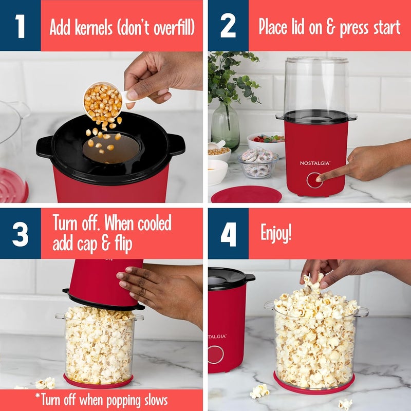 Nostalgia 8-Cup Hot Air Popcorn Maker & Bowl - 2-In-1 Bowl & Lid, 2 oz Measuring Cup - Oil-Free Pop Corn for Movie Night, Snacks, Birthday Parties, and More - Red - Image 5