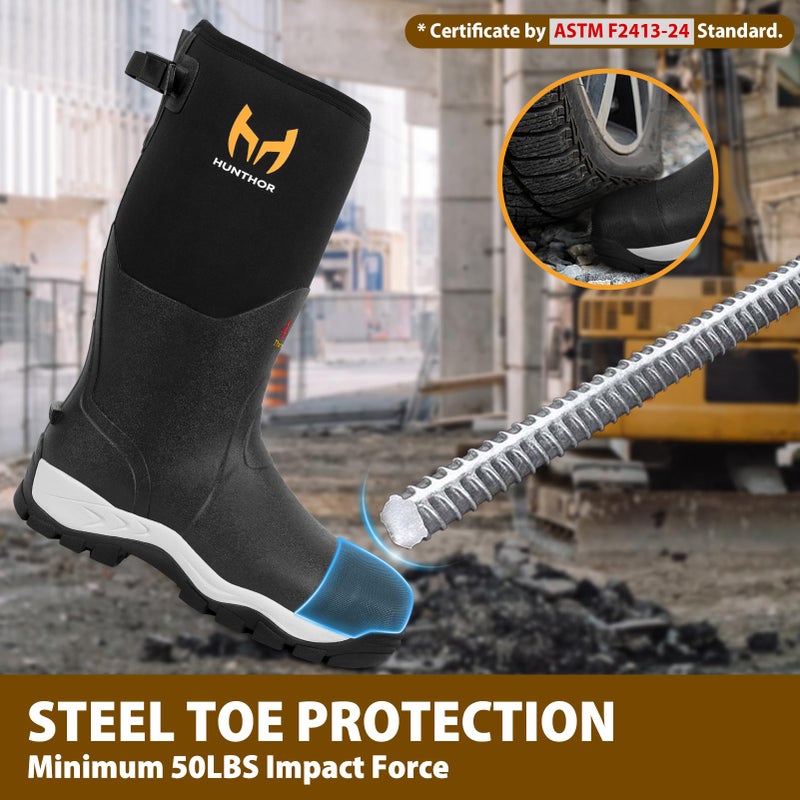 Hunthor Rubber Work Boots for Men with Steel Toe, 400g Insulated, 1100N Puncture-Proof Hunting Boots with 7mm Neoprene Waterproof and EVA Midsole, Back Gusset, Ideal for Work,Farming Fishing Size 8 Black - Image 3