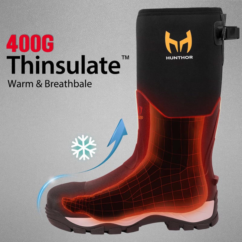Hunthor Rubber Work Boots for Men with Steel Toe, 400g Insulated, 1100N Puncture-Proof Hunting Boots with 7mm Neoprene Waterproof and EVA Midsole, Back Gusset, Ideal for Work,Farming Fishing Size 8 Black - Image 4