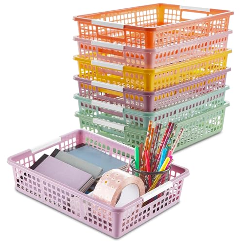 gisgfim 6 Pack Plastic Turn in Paper Trays for Classroom Storage Bin Basket Organizers for School Teacher Supplies Classroom Office Home Organization and Storage Tray Holds 4A Paper File Pastel - Image 1