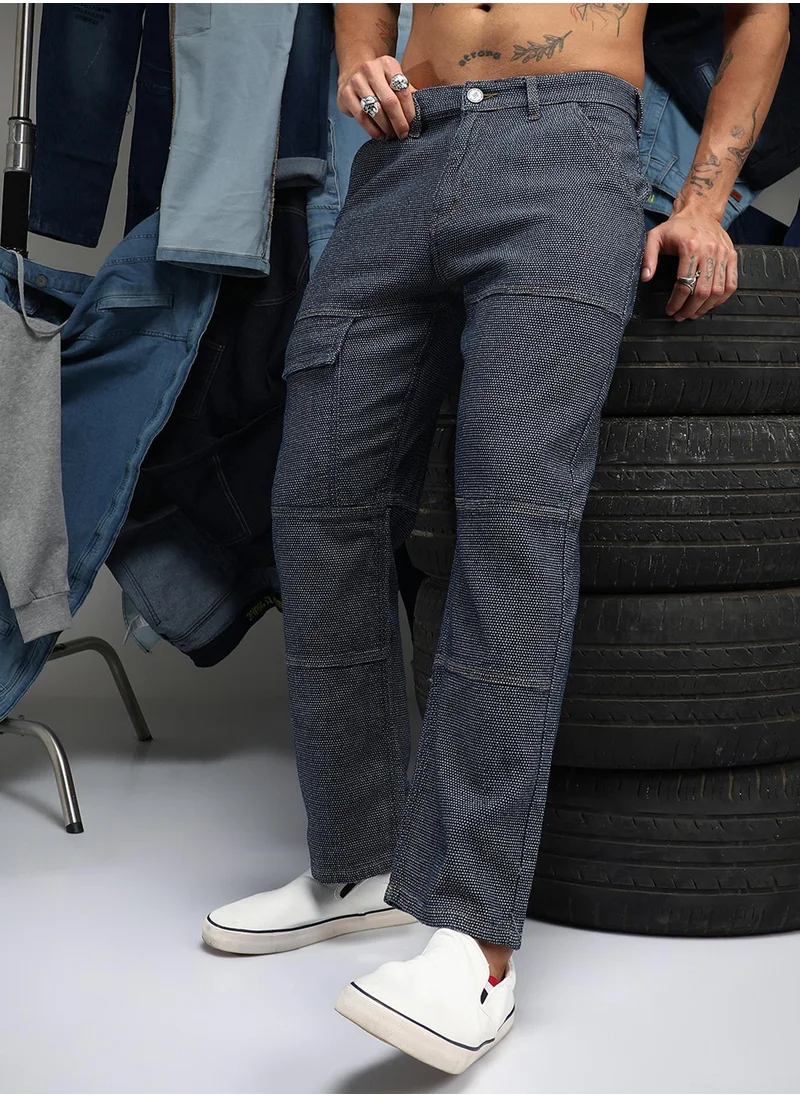 Campus Sutra Men's Navy Blue Panelled Straight-Fit Denim Jeans